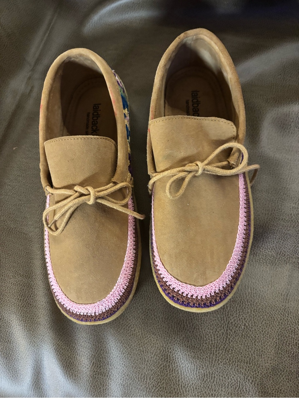 Laidback Tan Suede Moccasins with Pink Trim